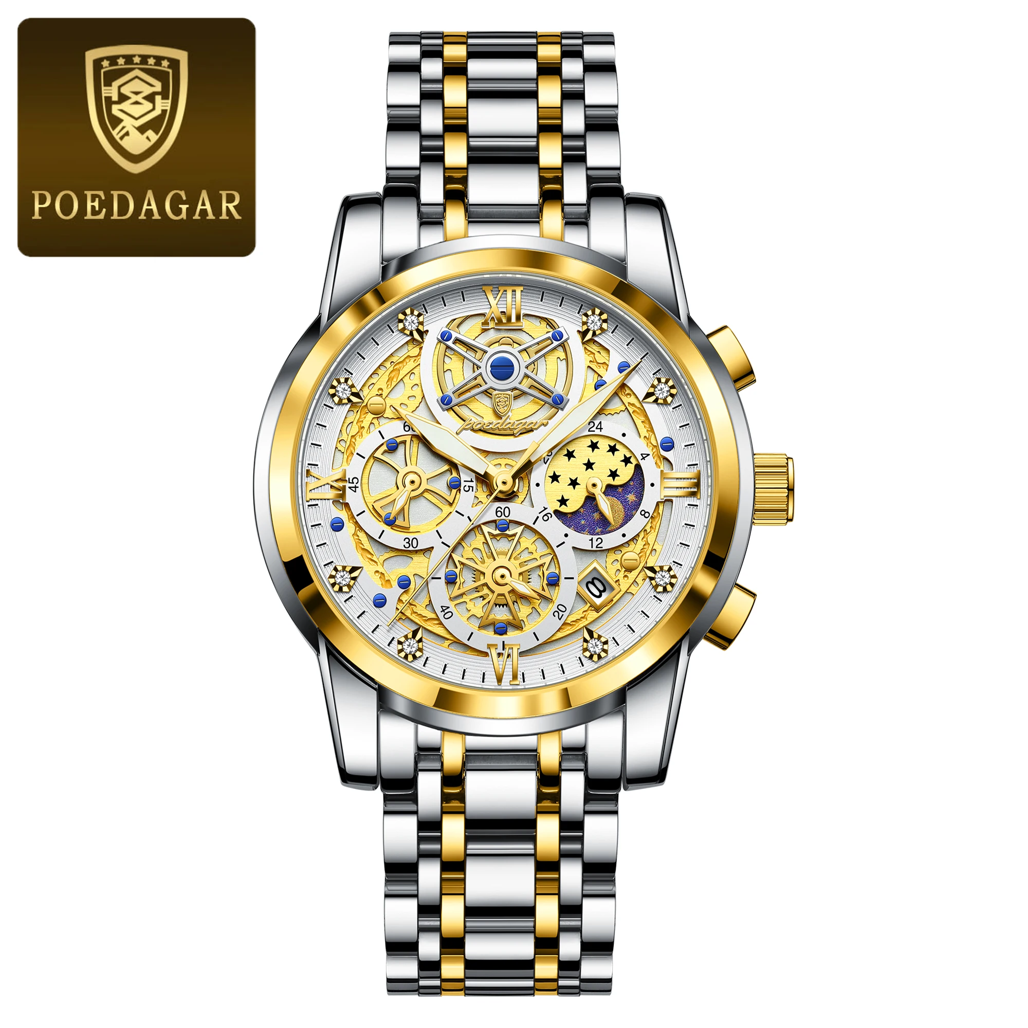 Reloj De Caballero De Acero Inoxidable, Resistente Al Agua, Luminoso, Con Indicador De Fecha (caja Dorada, Esfera Blanca).