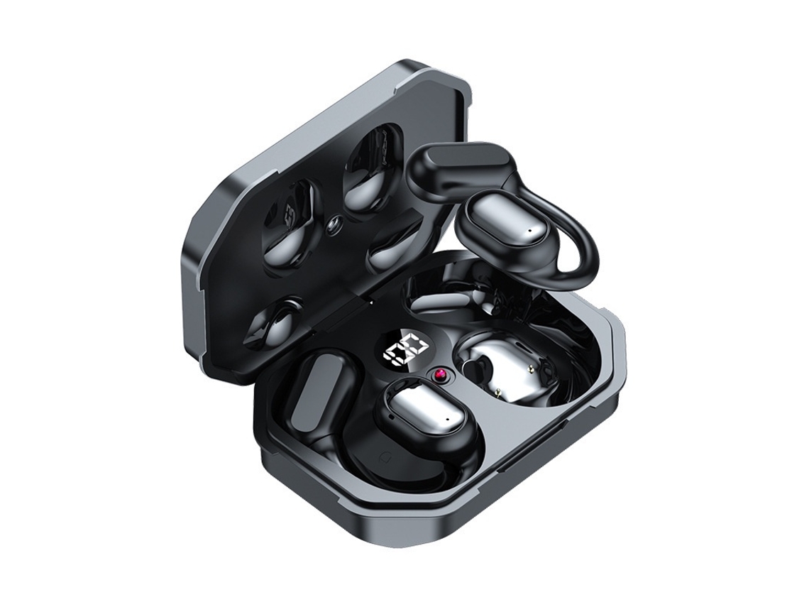 Auriculares inalámbricos con gancho para la oreja, LED, reducción de ruido inteligente, graves potentes, tela, Bluetooth, negros