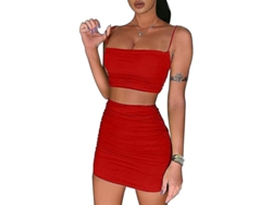 Conjunto 2 Piezas Para Mujer: Top Camiseta Ajustable Y Falda Bodycon Mini Con Ruches, Ideal Para Fiestas Y Clubes Xs Rojo