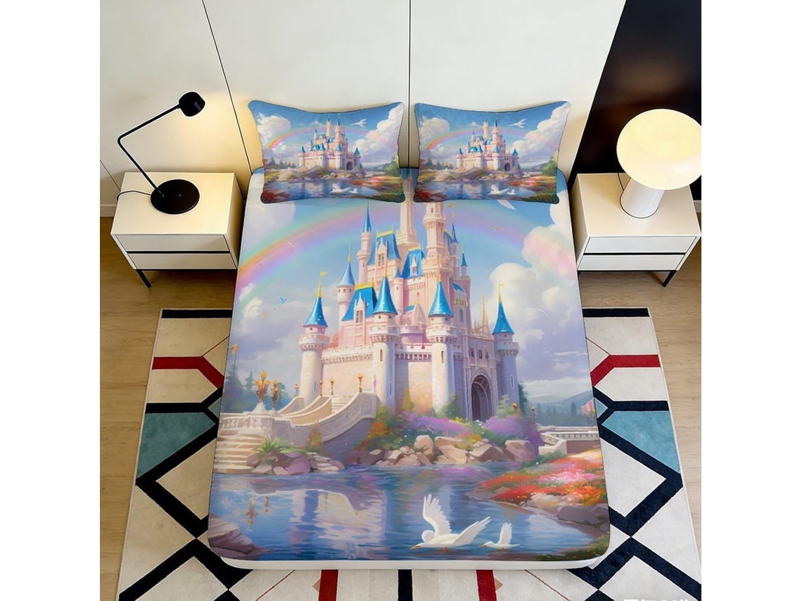 Juego de ropa de cama con estampado de castillo y microfibra. Funda de almohada de 200x25cm.