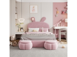 Cama Infantil 140x200 cm Tapizada en Terciopelo - Orejas de Conejo con LED Ajustable - Con 2 Bancos de Almacenamiento - Rosa
