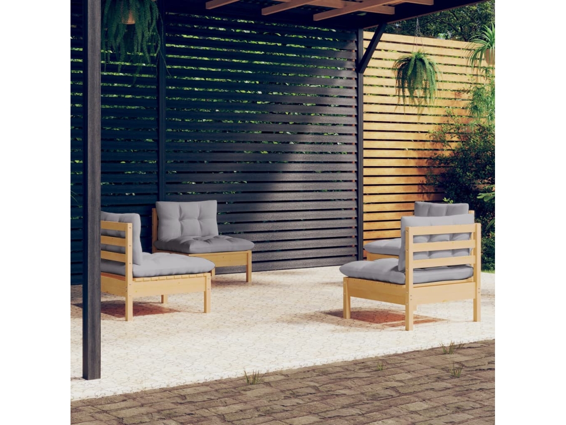 Conjunto Lounge Jardim 4 Pcs C/ Almofadões Cinzentos Pinho Dkd Home Decor