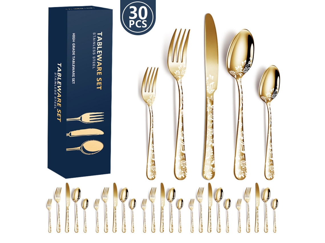 Juego de cubiertos de acero inoxidable, 30 piezas, utensilios de cocina para 6 personas, color dorado.