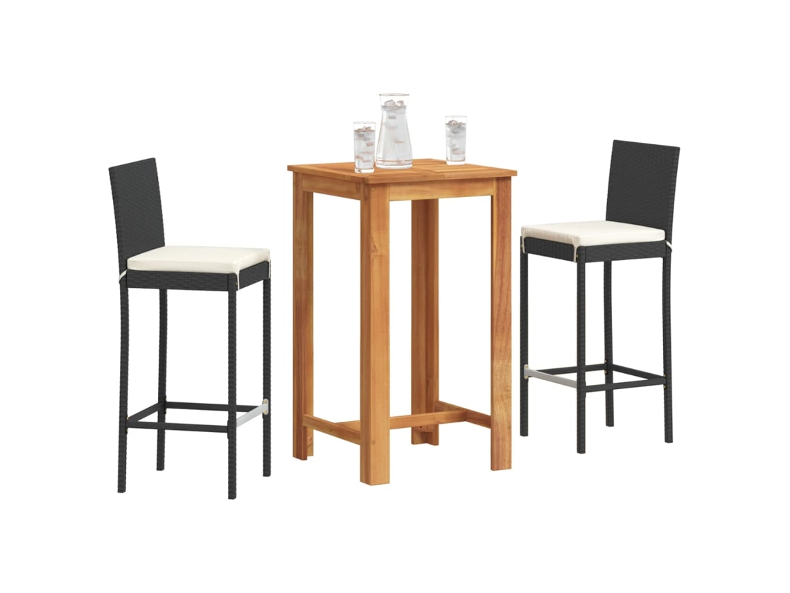 Conjunto de bar de jardín de 3 piezas en acacia maciza/mimbre PE negro DKD Home Decor