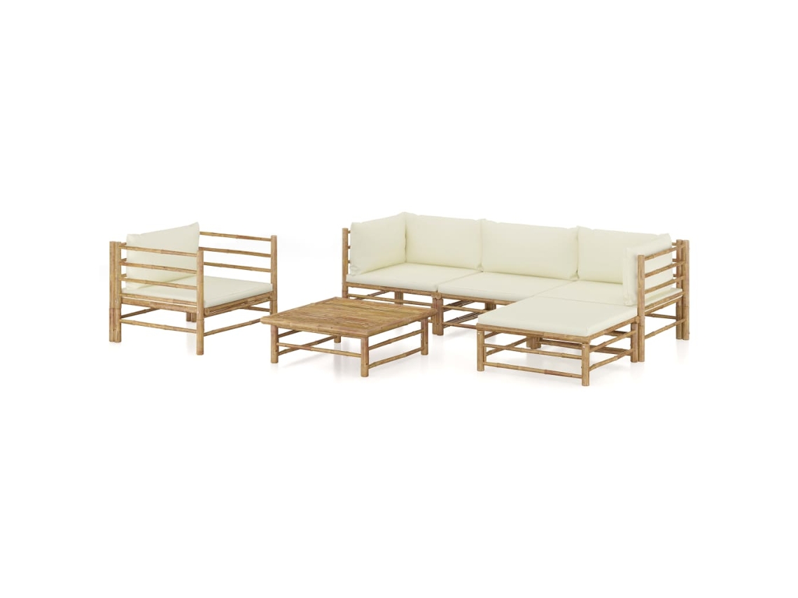 Conjunto de jardín de bambú de 6 piezas con cojines en blanco crema de DKD Home Decor