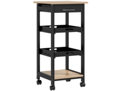 Carrito De Cocina Con Ruedas, 2 Bandejas Extraíbles, Cajón, Estante, Madera De Roble Claro Y Pino Negro.