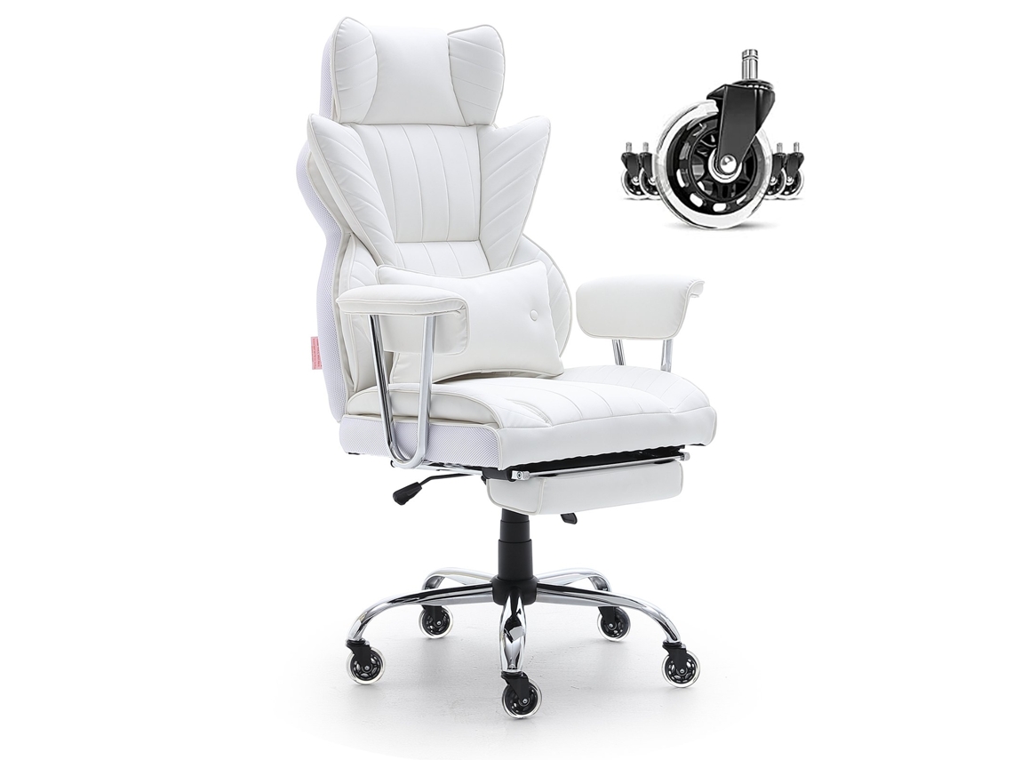VEVOR Sillón de oficina con soporte para piernas, soporte lumbar, base metálica, ruedas silenciosas blancas