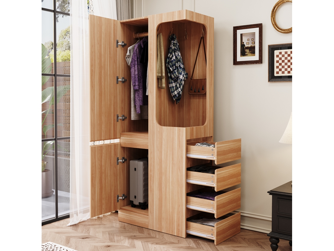 Armario de 70x40x170 cm - 1 puerta con cajones y espacio abierto para ropa - Madera natural