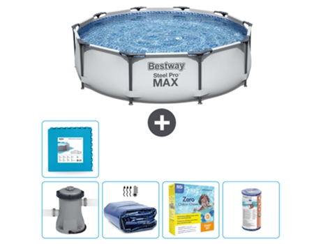 Piscina BESTWAY Round Steel Pro MAX - 305 x 76 cm - Gris - Bomba incluida Vela solar - Paquete de mantenimiento - Filtrar - Baldosas