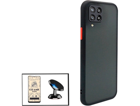 Kit Funda Antichoque, Cristal Templado CeramicGlass Full Cover y Soporte Magnético de Coche Samsung Galaxy A12 Nacho PHONECARE Negro