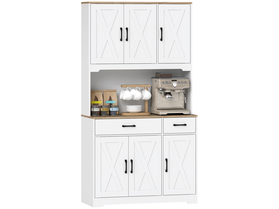 Mueble De Cocina Con 6 Puertas, Microondas, 2 Cajones, Estantes Ajustables Y Orificios Para Cables, Color Blanco.