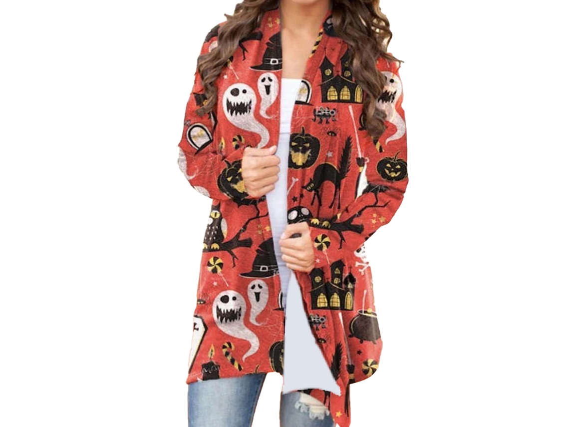Blusa Rebbe-Halloween com abertura frontal, manga comprida, estampa, modelagem ampla, tamanho 5 M.