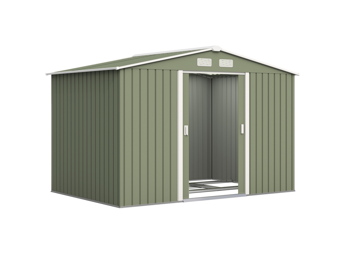 Mueble De Almacenamiento Para Jardín De 4,9 M² (277 X 195 X 192 Cm), Puertas Correderas Y Base Verde Claro.