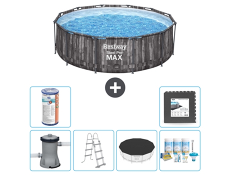 Piscina BESTWAY Round Steel Pro MAX - Impresión en madera - 366 x 100 cm - Bomba incluida - Escalera Accesorios CB23