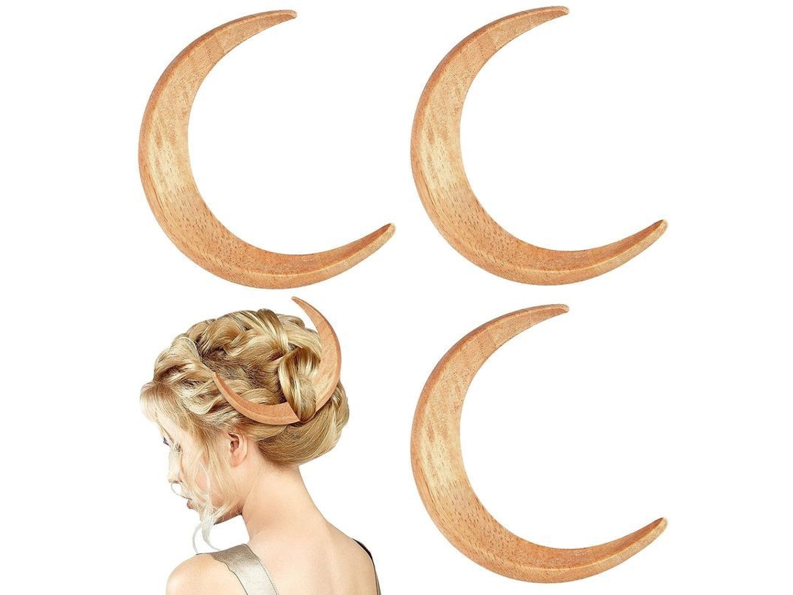 3 Horquillas De Madera Con Forma De Luna Grabadas A Mano: Accesorios Ligeros Para Peinados Clásicos.