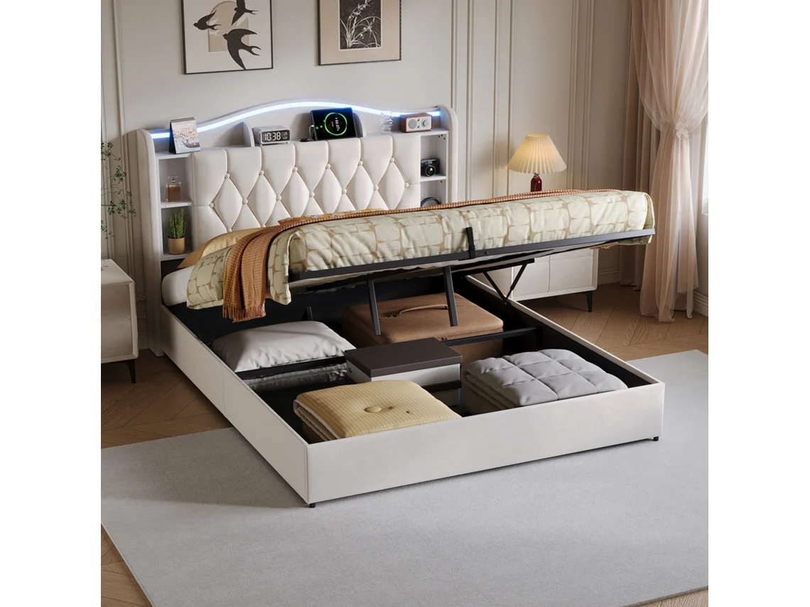 Cama Doble Tapizada De 160 X 200 Cm Con Luz Led Rgb, Usb Tipo C, Cabecero Con Espacio De Almacenaje, Terciopelo Beige