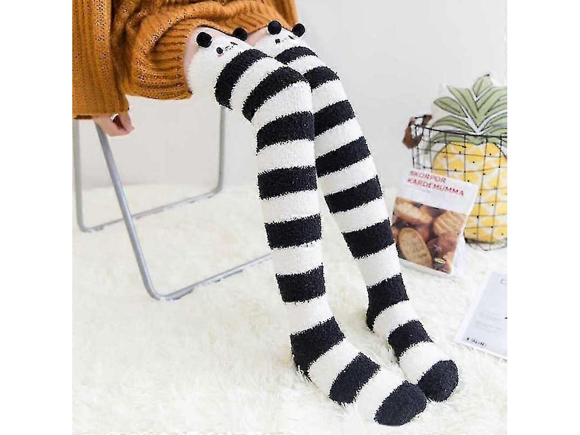 Calcetines suaves de lana coral hasta la rodilla, ideales para el invierno, para niñas y mujeres. Calcetines de rayas con estampados de animales, pelusas y dibujos animados.