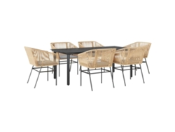 Juego de comedor de jardín de 7 piezas con cojines y tablero de cristal, mimbre, patas marrones, EXCLUSIVO DE LA CASA