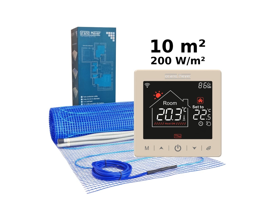 Kit de calefacción eléctrica por suelo radiante de 10 m², 200 W/m² SN 15 con termostato programable Wi-Fi Grand Meyer