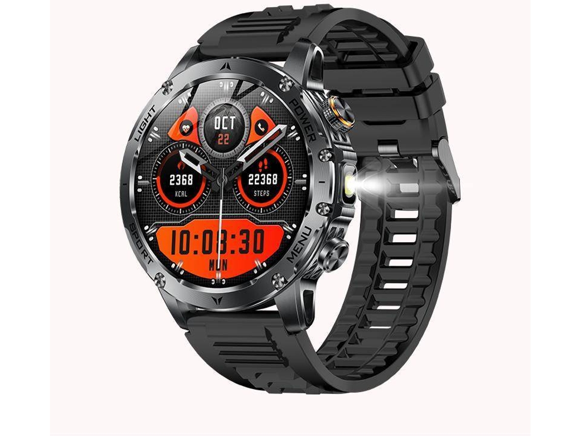 Smartwatch AK87 con batería de larga duración de 1000 mAh y función de linterna, monitorización de la salud para deportes al aire libre, color negro.