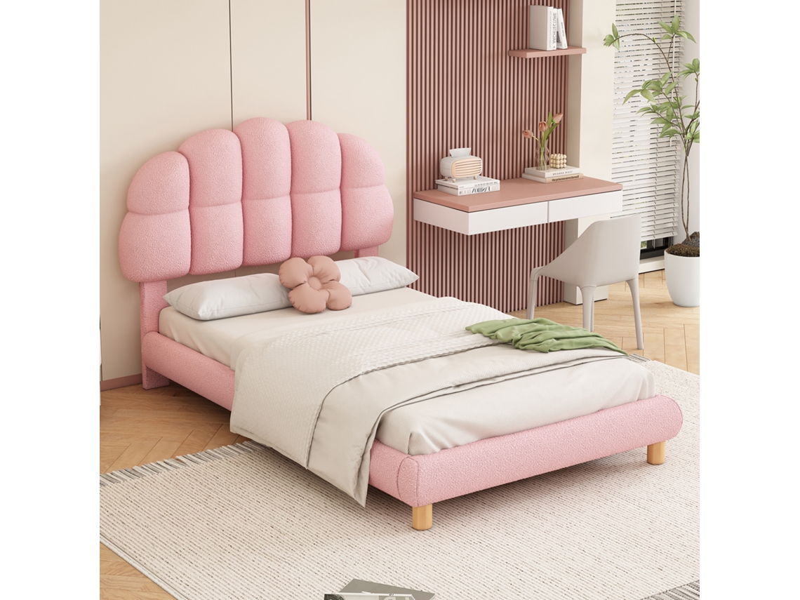 Cama individual de 90 x 200 cm, cama infantil, cama juvenil, cama tapizada, somier de láminas de madera, fieltro circular, rosa