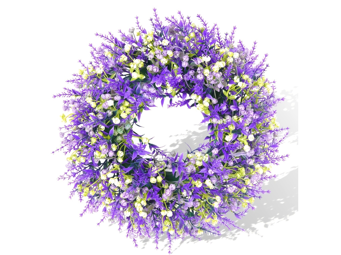 Guirnalda de flores artificiales en tonos lavanda y violeta.