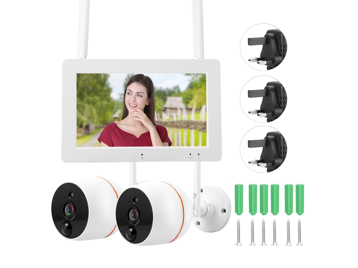 NEVEANCE Monitor LCD inalámbrico con Wi-Fi, DVR de seguridad 4 canales con 2 cámaras CCTV, 110-240V (enchufe UK)