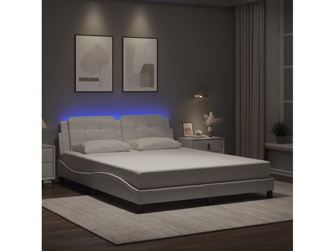 Estructura De Cama Con Luces Led Cuero Pe Blanco 160x200 Cm