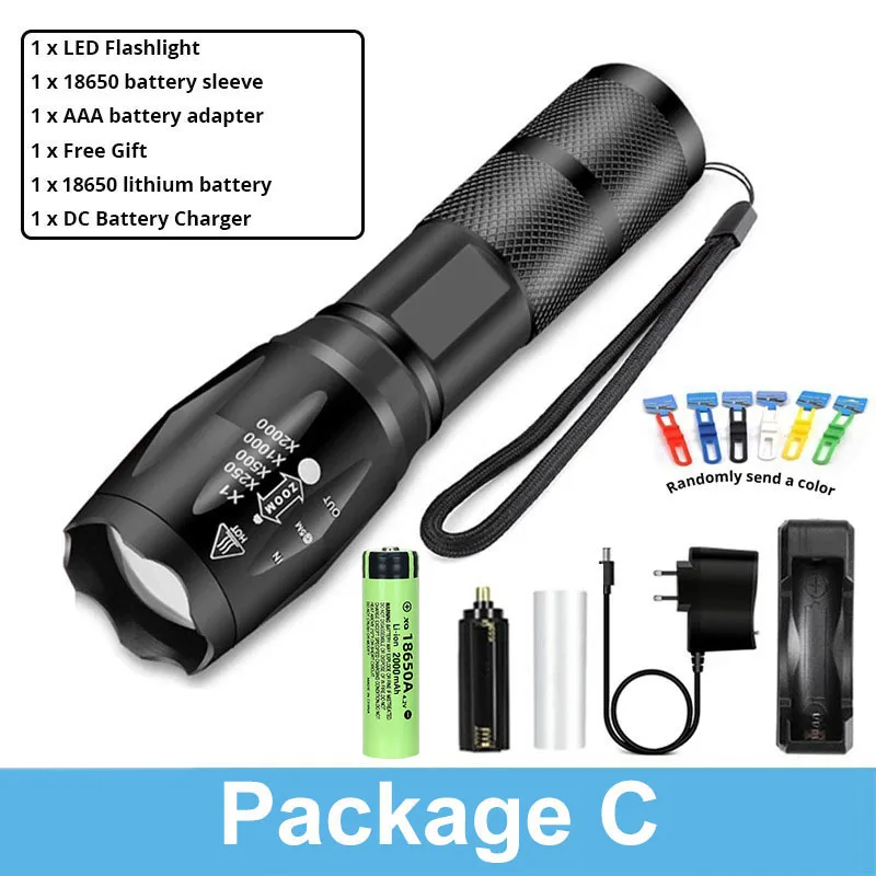 Potente linterna LED con 5 modos, resistente al agua, enfoque ajustable, ideal para ciclismo y camping, funciona con batería 18650. Aeuzwr