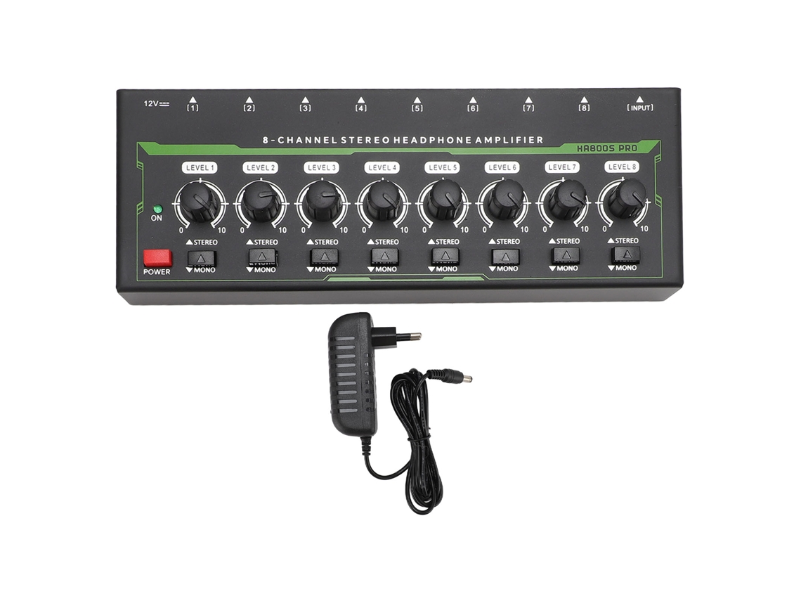 Amplificador De Auriculares Estéreo De 8 Canales Con Modos Estéreo/mono Y Control De Volumen Independiente, Enchufe Europeo.