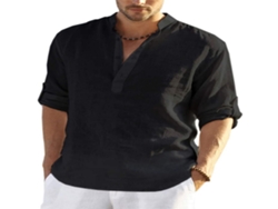 Camisa Casual Para Hombre, Negra, Cuello Alto, Manga Larga, Ligera, Transpirable, Talla 2xl