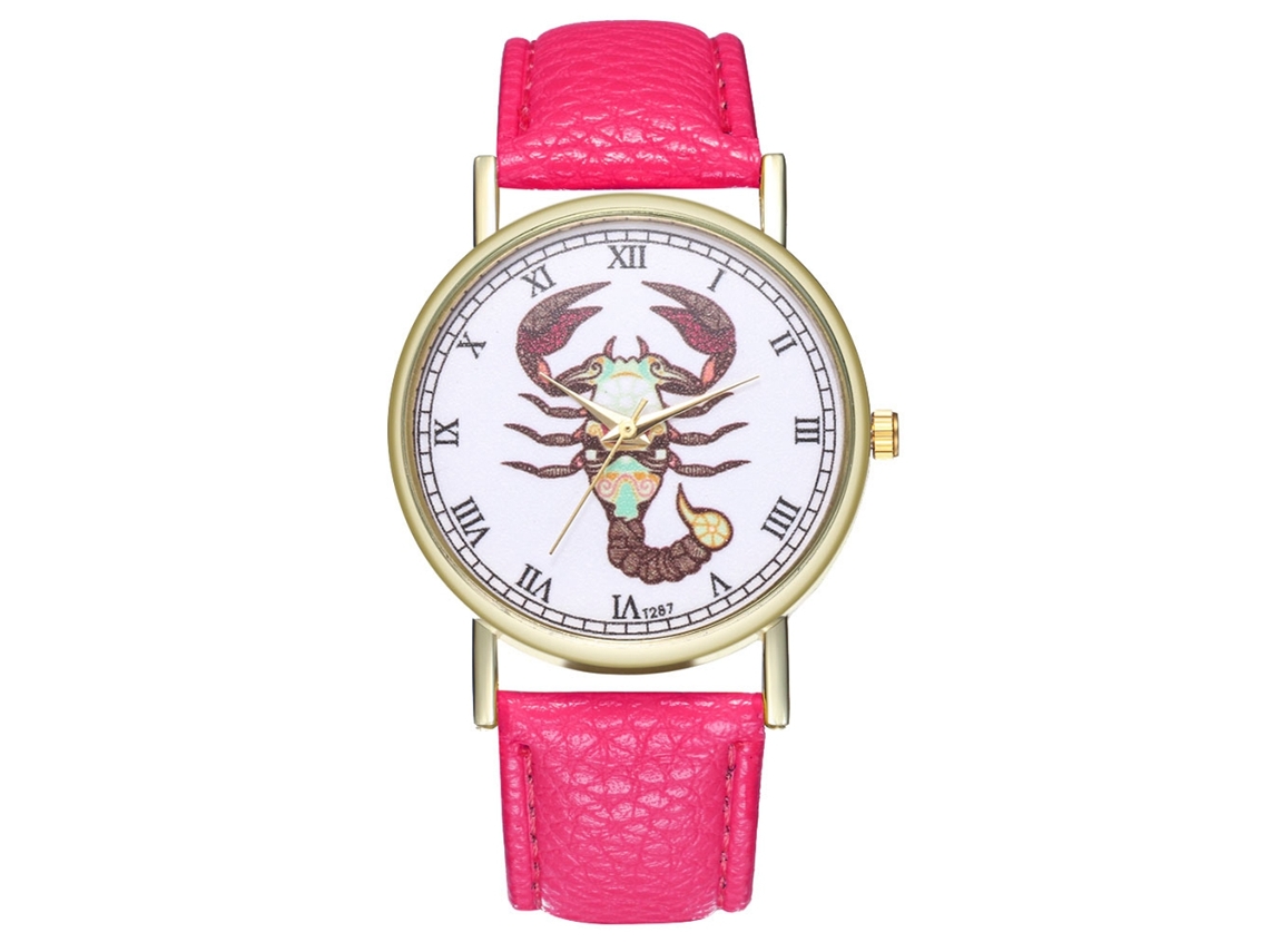 Reloj De Cuarzo Con Correa De Cuero, Diseño De Escorpio, 12 Constelaciones, Rosa Y Rojo.