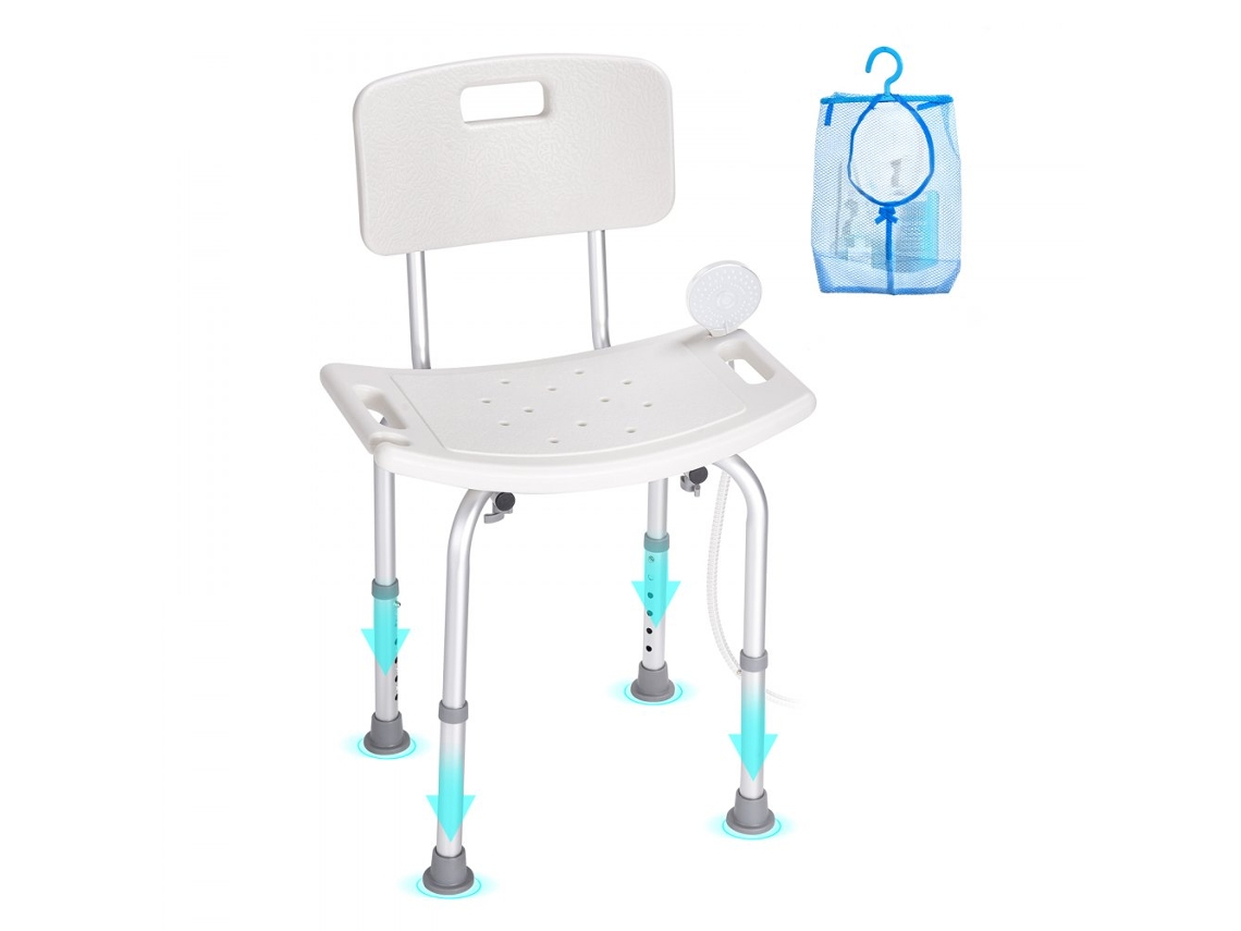Silla de baño ajustable Tekmaquinas con respaldo acolchado y patas antideslizantes