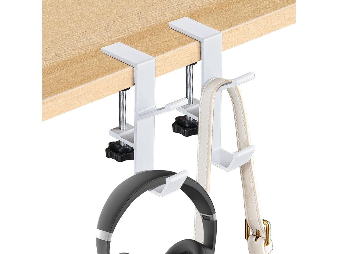 Set 2 Ganchos Blancos Ajustables Debajo Mesa, Compatible Tablero 1-5cm, Para Auriculares, Bolsos Y Carteras
