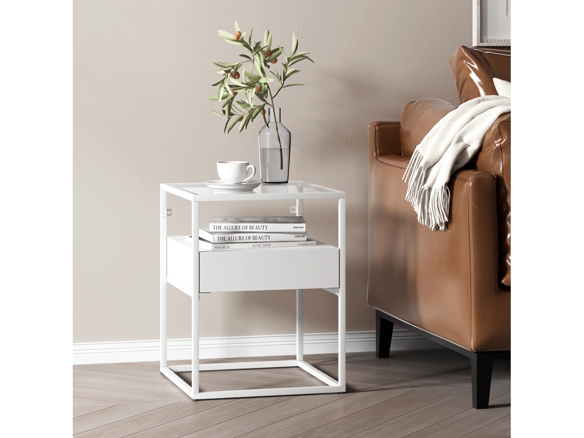 Mesa auxiliar Vissenbjerg con cajón cristal y acero 51 x 40 x 40 cm Blanco mate [EN.CASA]