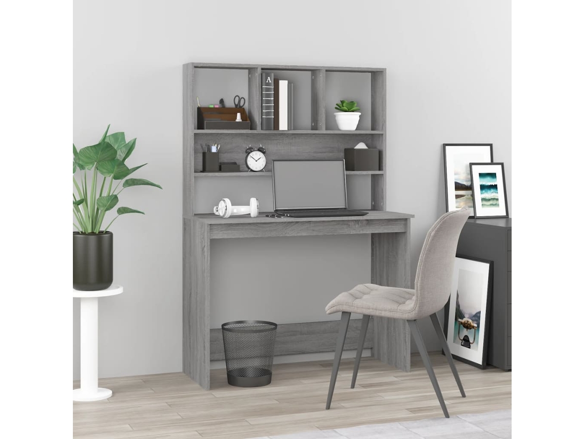 Escritorio | Mesa | Escritorio con estantes, derivados de madera, gris, Sonoma