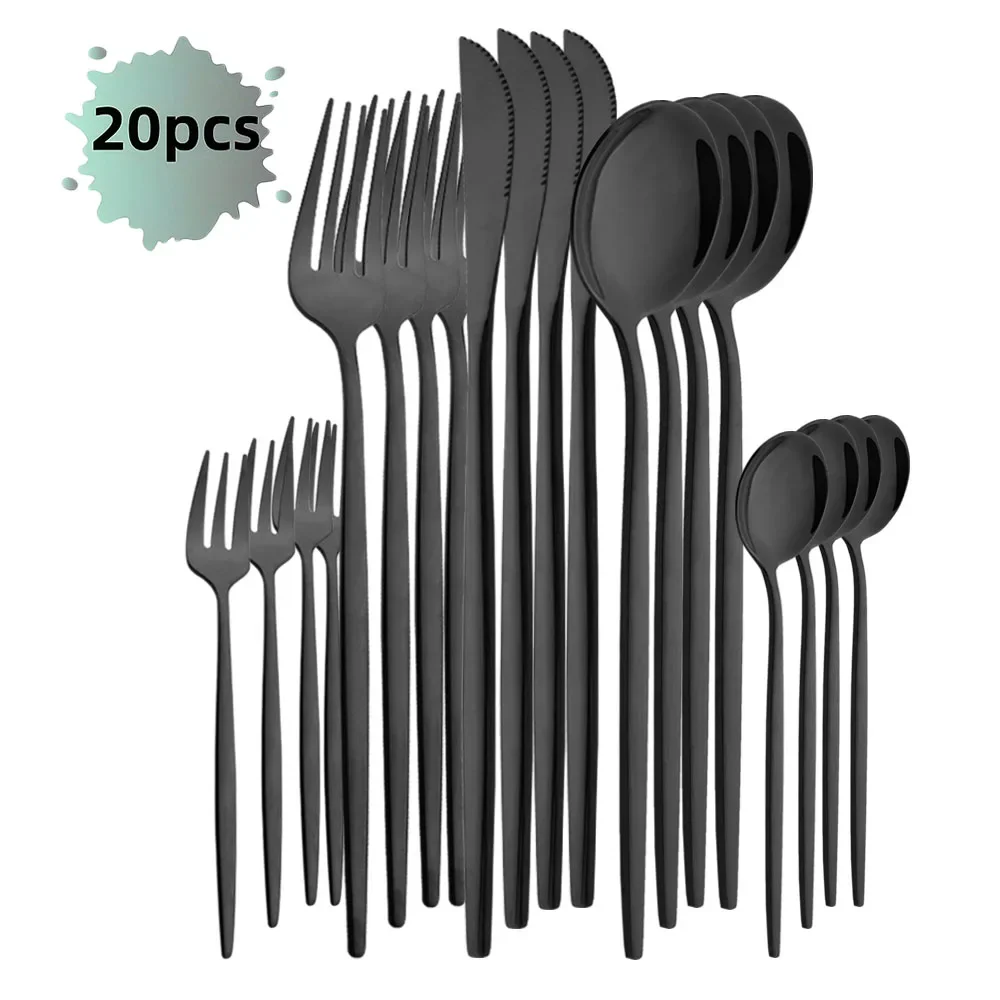 Cubiertos De Acero Inoxidable (negro, Juego De 20 Piezas), Pulidos A Espejo, Perfectos Para El Hogar, Restaurantes Y Bodas.