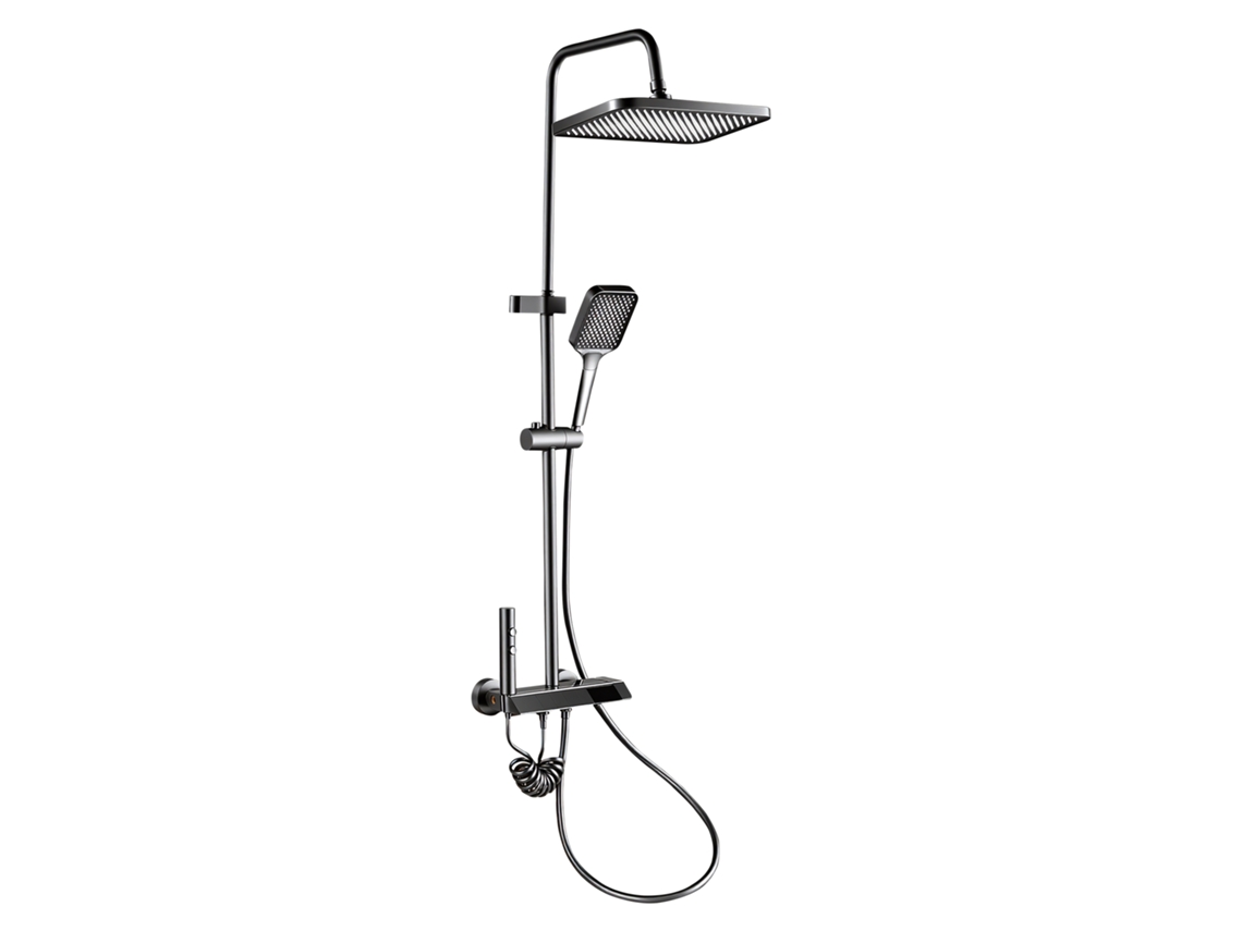 Columna De Ducha Termostática Led Gunmetal 4 En 1 Con Control Piano, Rociador 31x20 Cm Y Grifo Para Bañera