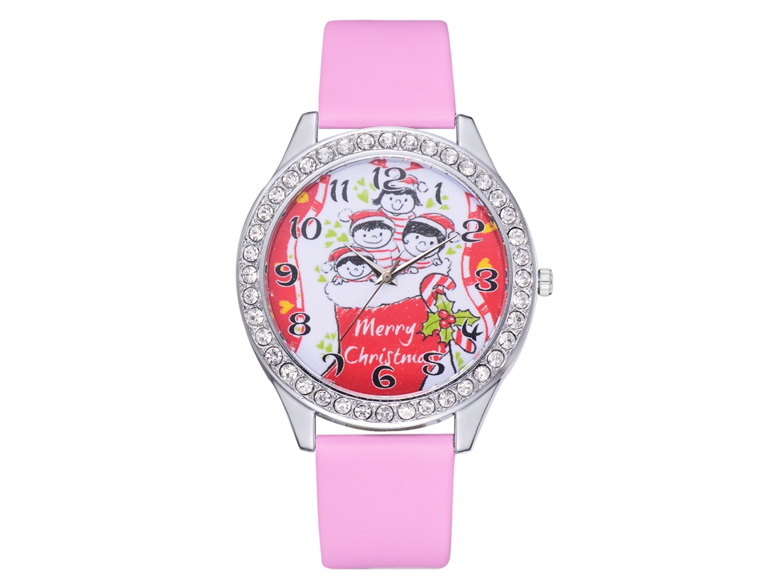 Reloj De Pulsera Unisex Informal Con Un Bonito Estampado Navideño Y Correa De Pu Rosa.