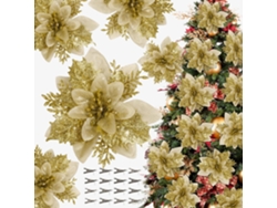 16 adornos navideños artificiales de flores de Nochebuena doradas con clips para árbol y corona