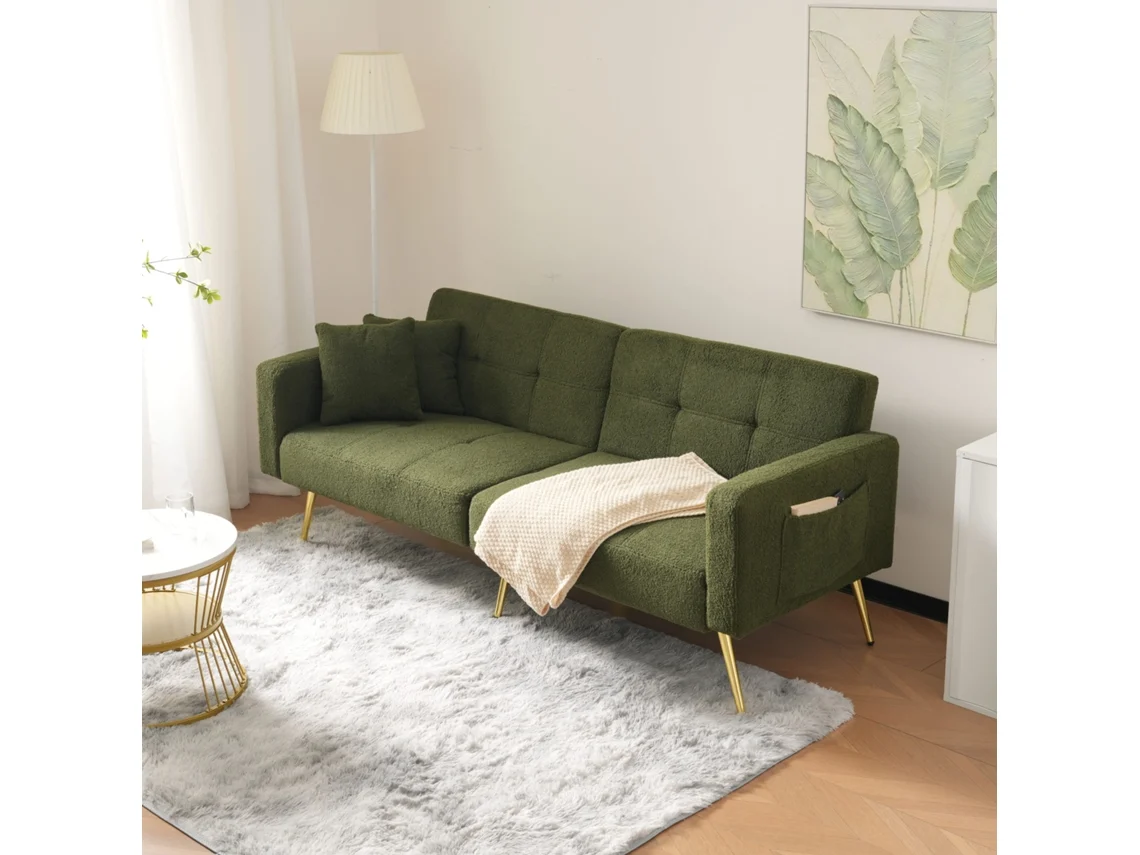 Sofá convertible Mobrio con respaldo ajustable, 2 plazas, tejido bouclé verde