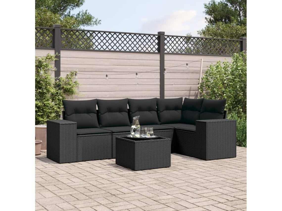 Conjunto de sofá de jardín de 6 piezas con cojines, mimbre sintético negro, DKD Home Decor