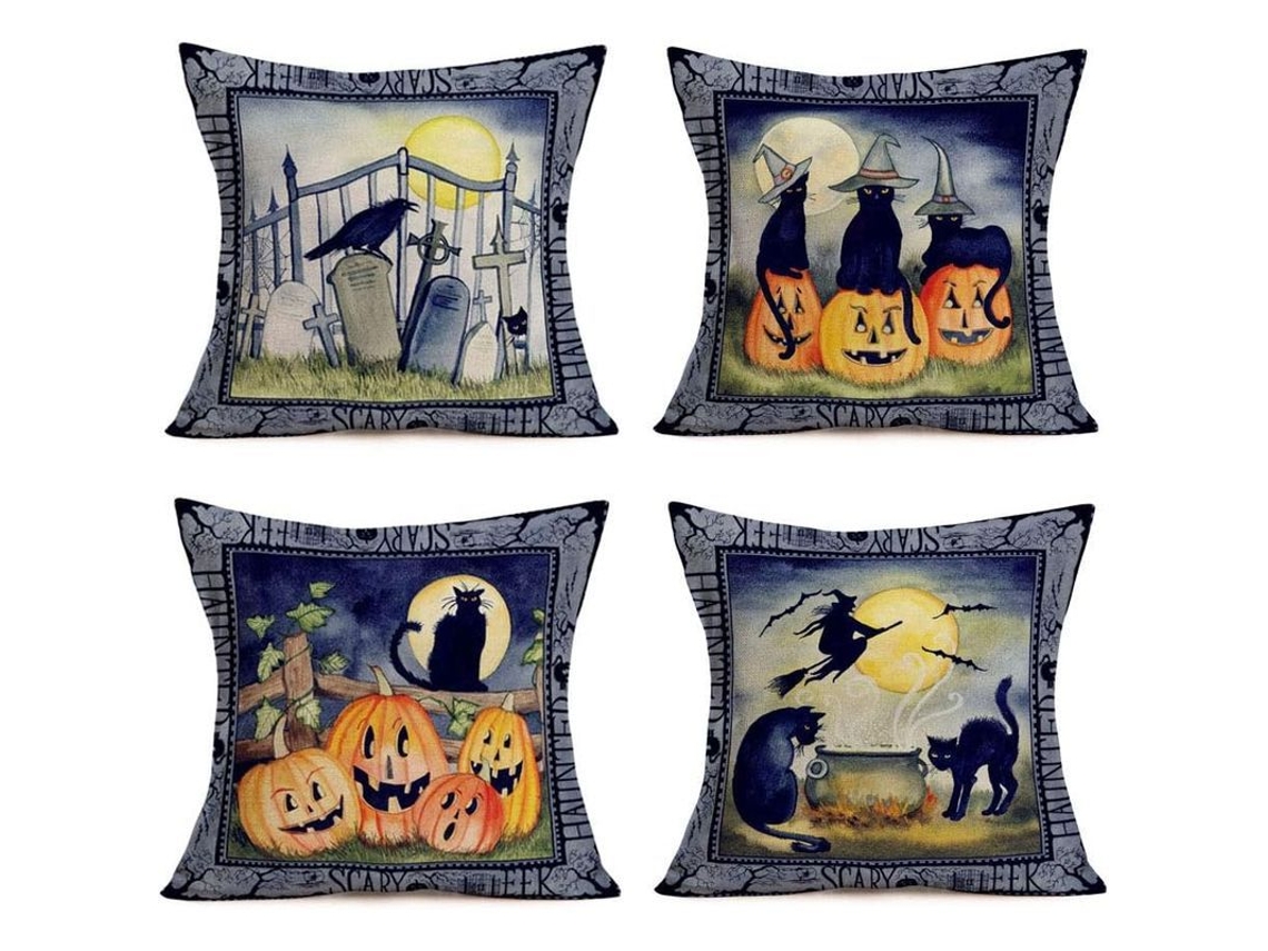 2026-30859-fundas De Almohada De Halloween 4 Pack 45x45cm Con Cuervo Lápida Gato Negro Calabaza