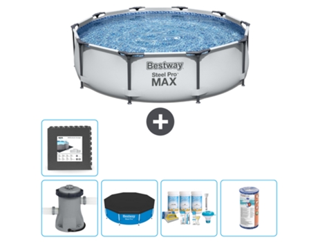 Piscina BESTWAY Round Steel Pro MAX - 305 x 76 cm - Gris - Bomba incluida Cubrir - Paquete de mantenimiento - Filtrar - Baldosas