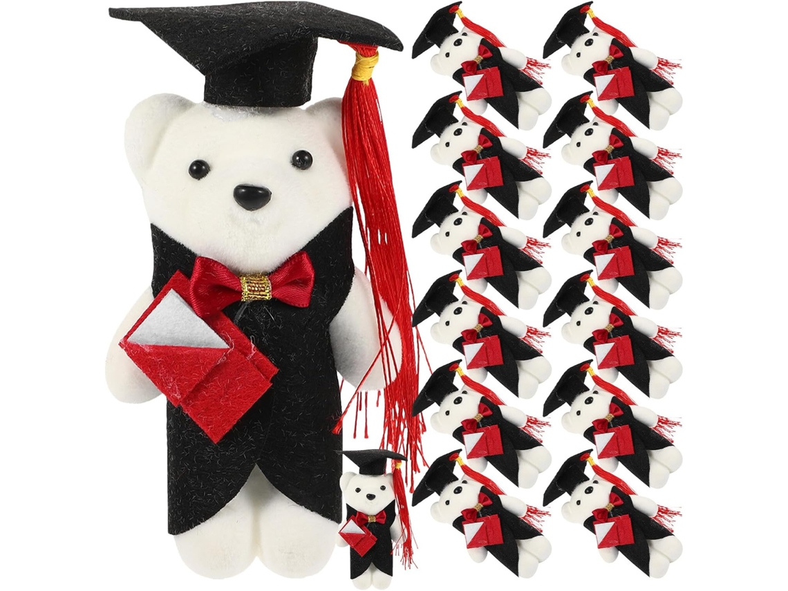 Juego de 14 peluches de graduación: mini adornos de ositos de peluche con forma de médico y empaque con ramo de flores.
