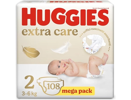 HUGGIES Extra Care T2 Pañales 3-6kg Paquete de 108 Unidades