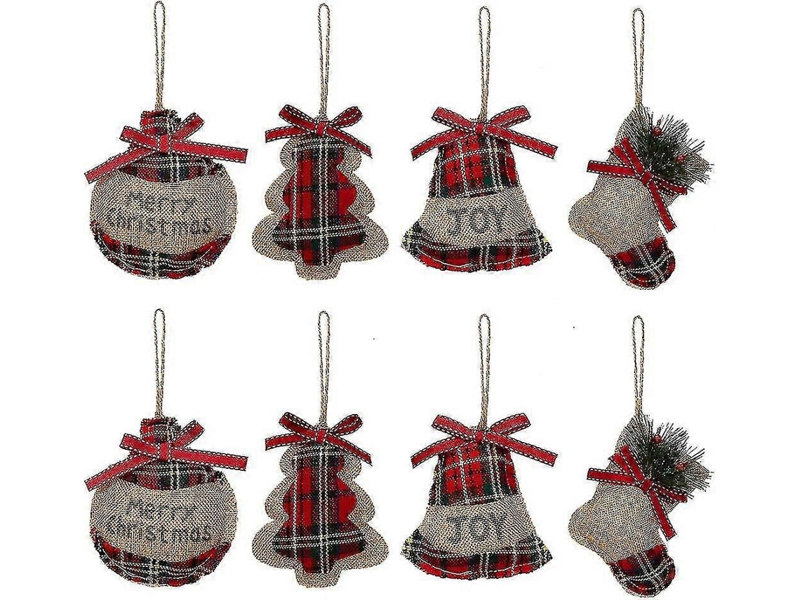 Adornos navideños rústicos, medias navideñas de yute con campana y un moderno estampado de cuadros rojos y verdes para las fiestas. Hengjian