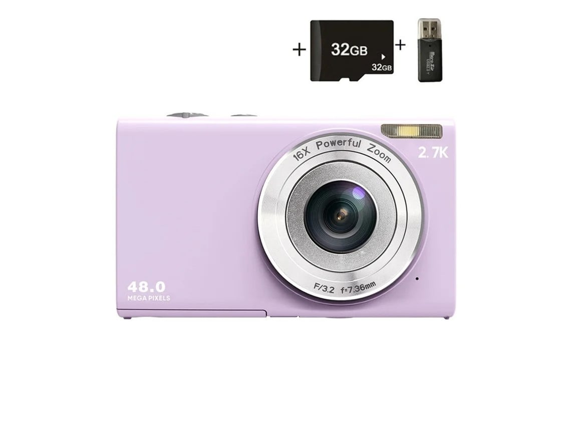 Cámara digital compacta y sencilla Bestvite, 2,7 K, 48 MP, zoom digital de 16x, color morado, tarjeta de 32 GB