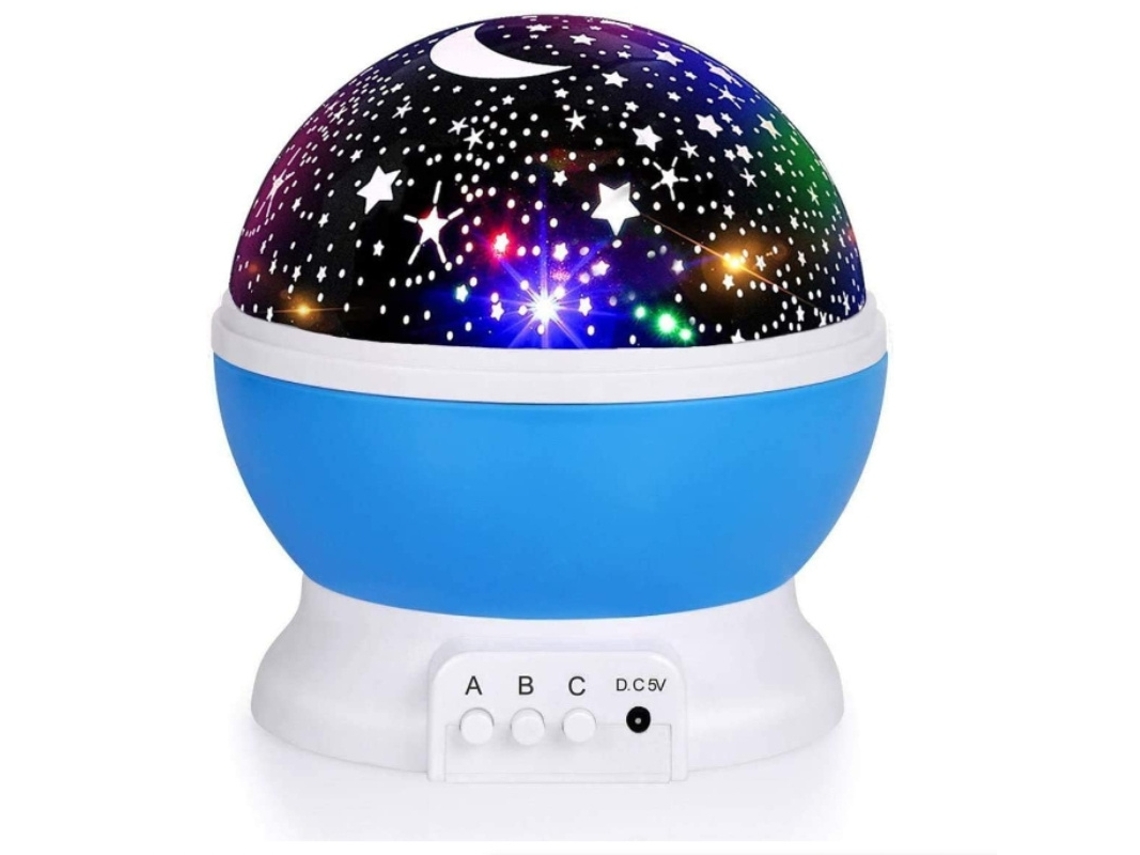 Proyector de luz nocturna estrellada con alimentación USB, rotación de 360°, luna y estrellas, 9 modos de color, cielo azul.