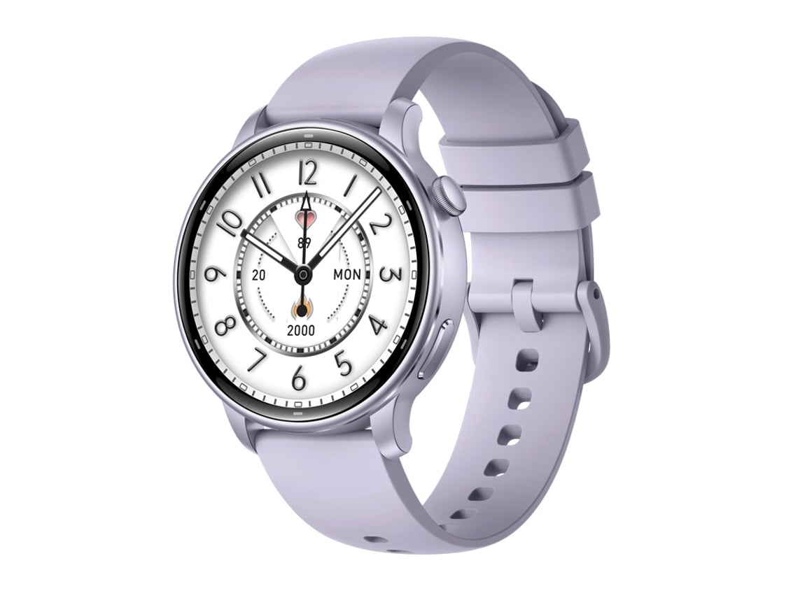 Reloj inteligente (morado) con GPS, posicionamiento por satélite, monitorización de la frecuencia cardíaca, brújula y llamadas Bluetooth.